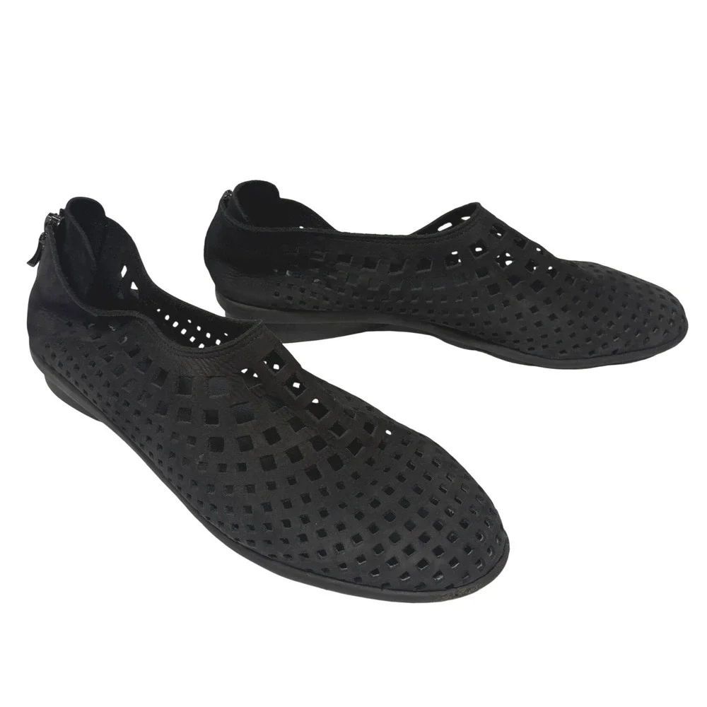 Arche Black Leather Perforated Laser Cut Back Zip Flats Shoes Size 41